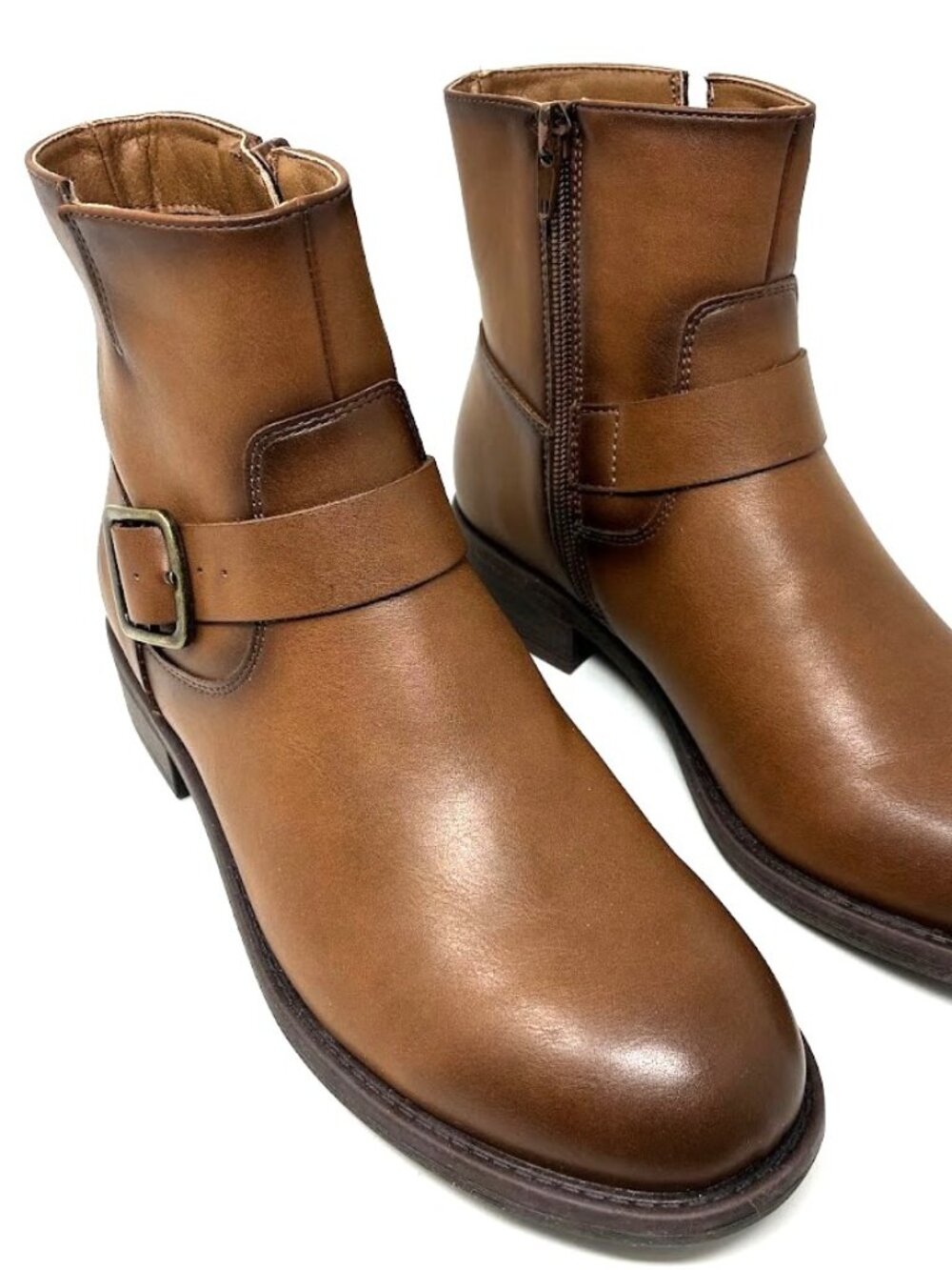FRYE AND CO. Cormac Brown Faux Leather Ankle Boots Women’s 7M Buckle Zip Short - Picture 2 of 10